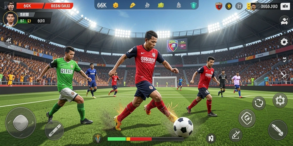 Tampilan gameplay 66K yang penuh aksi sepak bola.