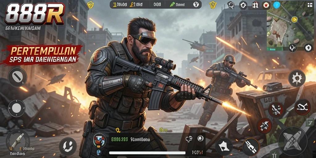 Tampilan gameplay intens di 888R dengan pertempuran FPS yang seru.