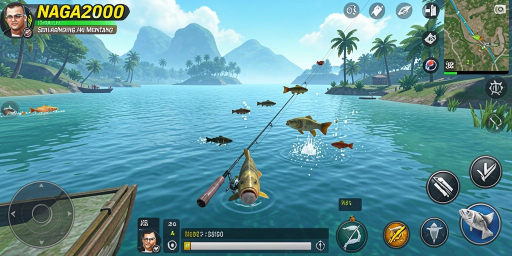 Screenshot utama NAGA2000 menampilkan momen seru saat menangkap ikan.