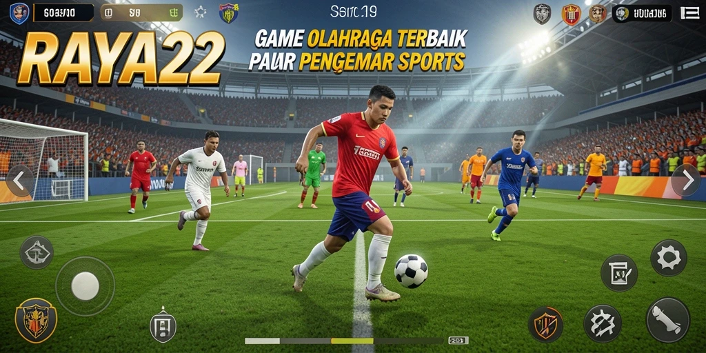 Screenshot utama RAYA22 menunjukkan aksi seru dalam pertandingan olahraga.